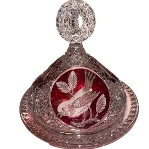 Vintage Hofbauer Byrdes Collection "The Ruby" footed candy dish with a lid